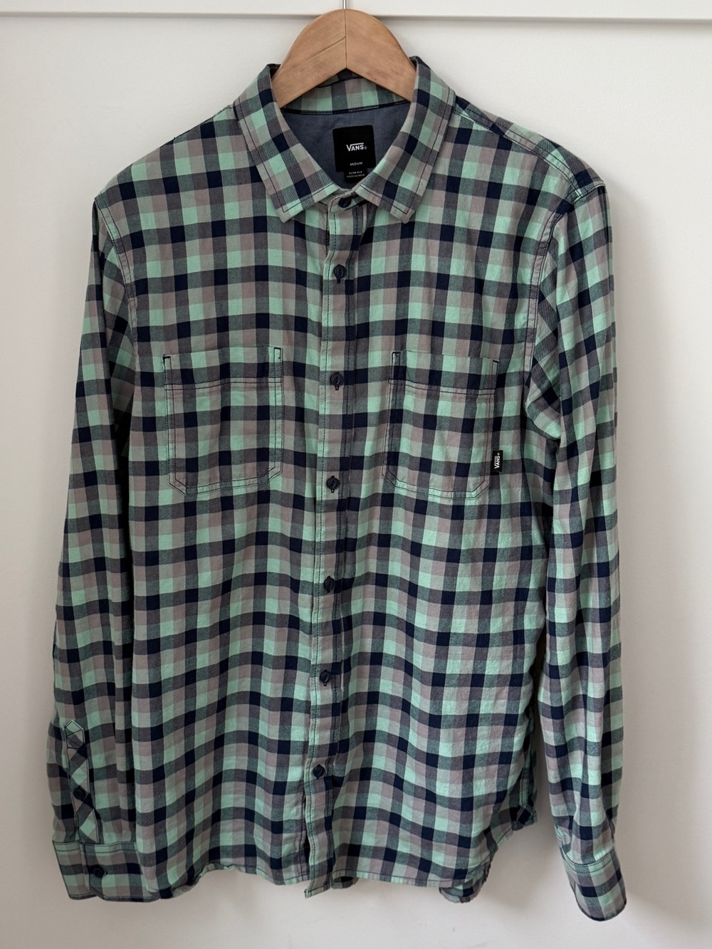 Vans Mint and Navy Plaid Long-Sleeve Button-Down Shirt